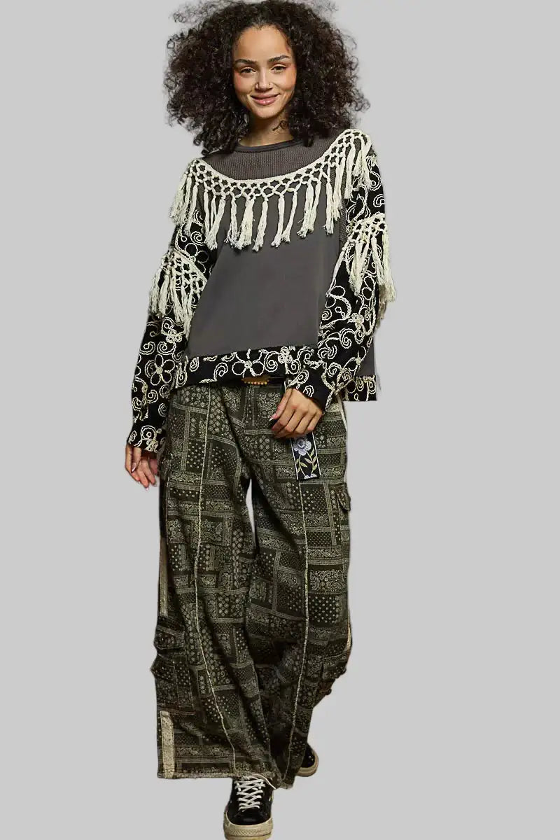 Parker Boho Floral Embroidered Tassel Top - Charcoal