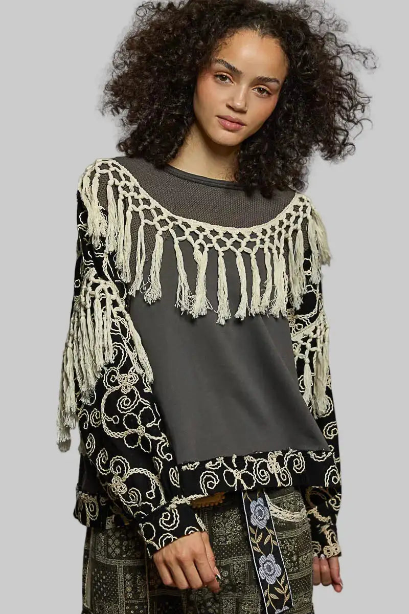 Parker Boho Floral Embroidered Tassel Top - Charcoal