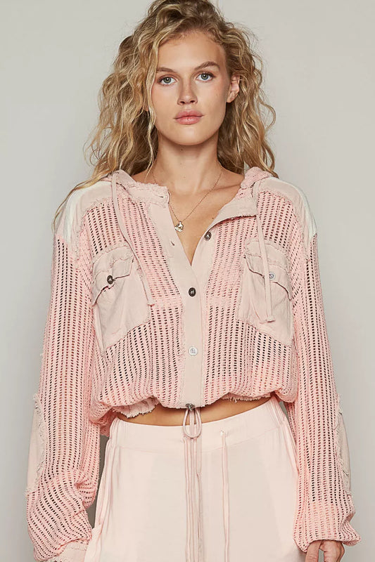 Peach Boho Texture Button Down Hooded Crop Shirt with Drawstring Hem