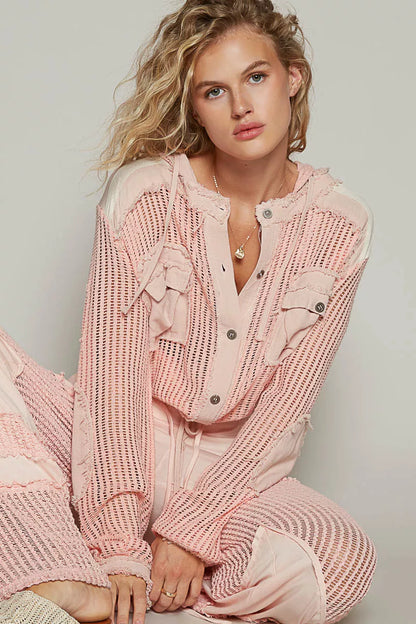 Peach Boho Texture Button Down Hooded Crop Shirt with Drawstring Hem