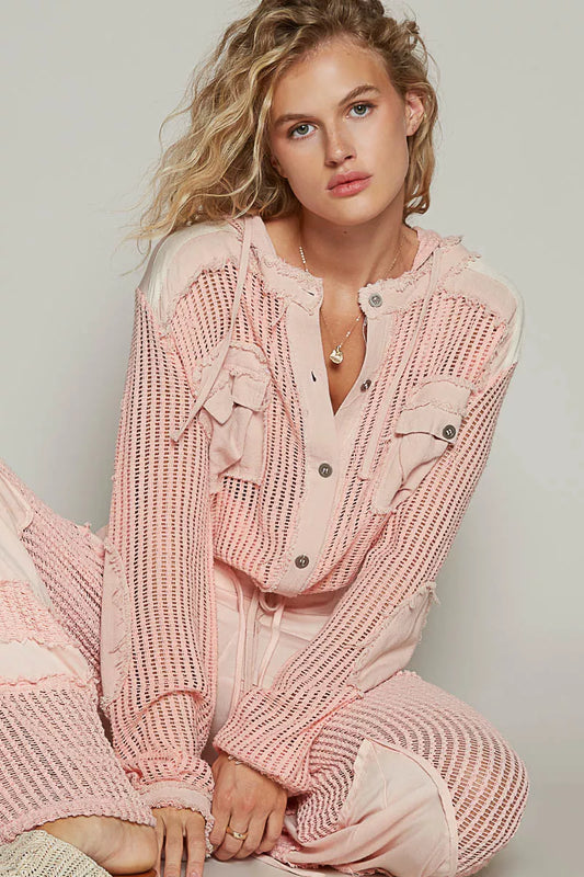 Peach Boho Texture Button Down Hooded Crop Shirt with Drawstring Hem