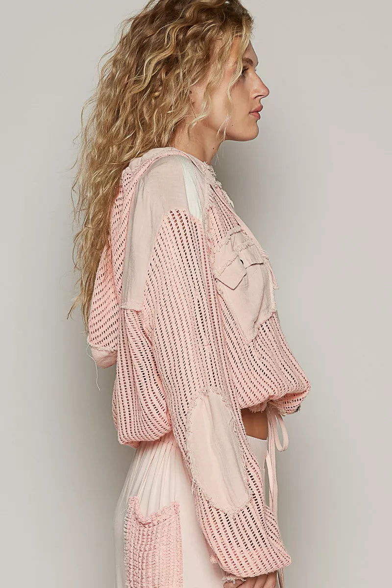 Peach Boho Texture Button Down Hooded Crop Shirt with Drawstring Hem