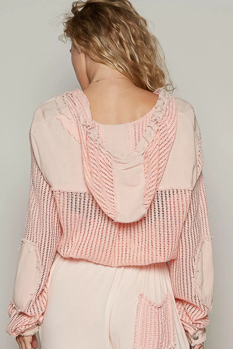 Peach Boho Texture Button Down Hooded Crop Shirt with Drawstring Hem