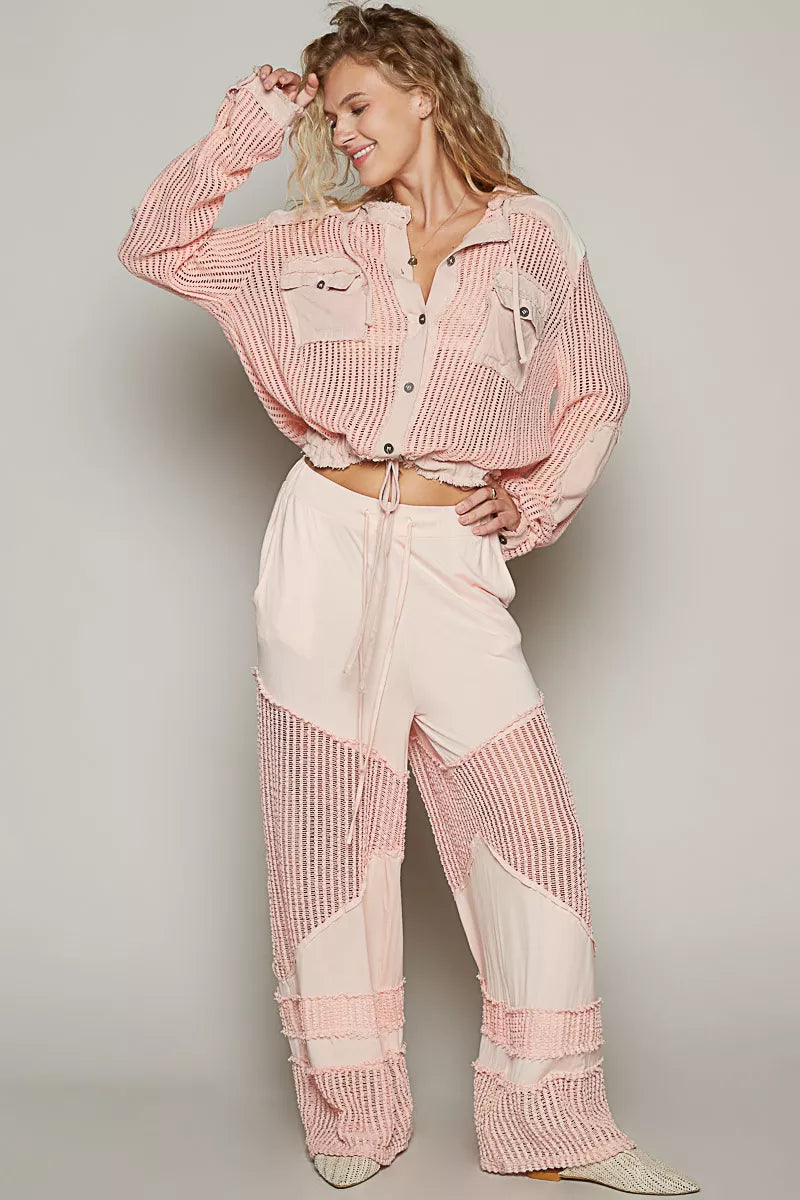 Peach Boho Texture Button Down Hooded Crop Shirt with Drawstring Hem