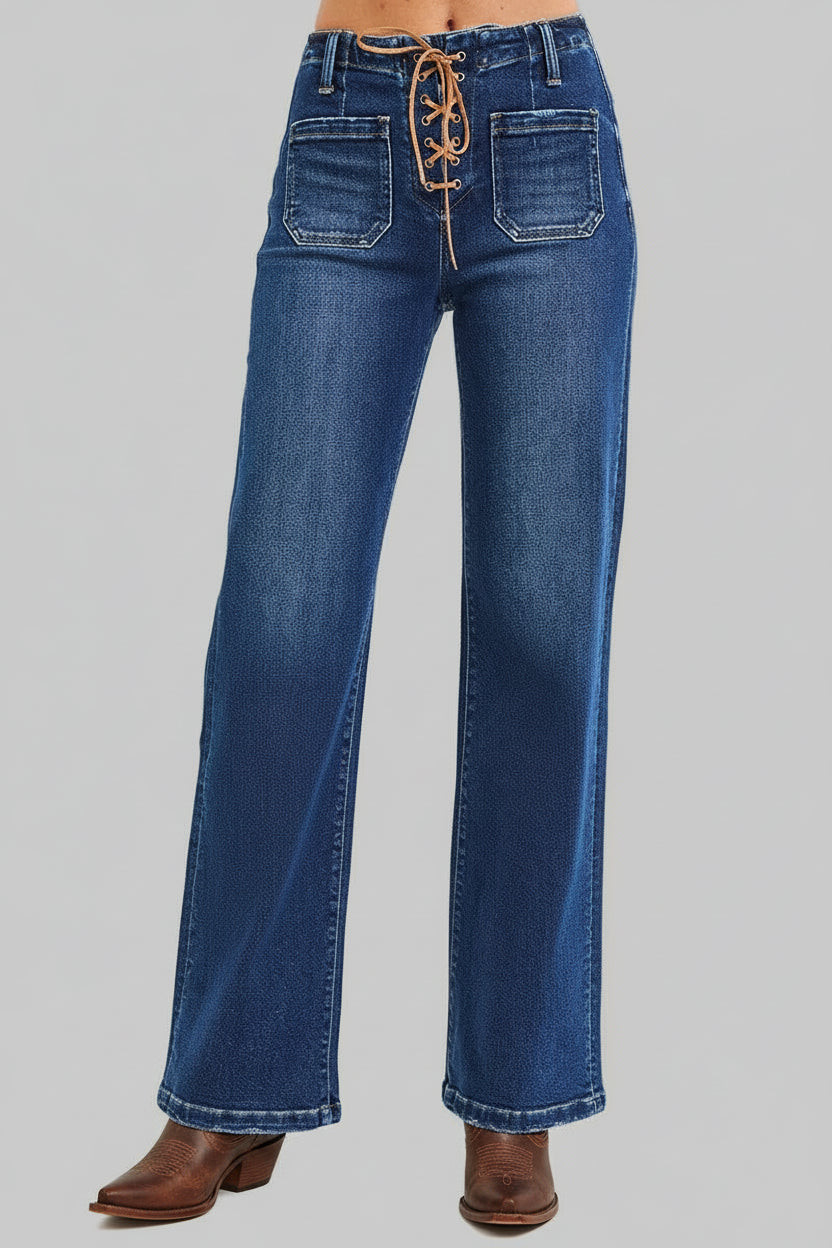 Penelope Boho Western High Rise Front Tie Wide Leg Jeans