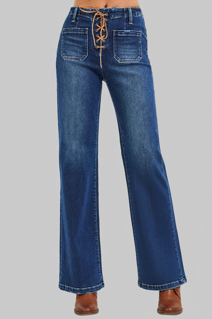 Penelope Boho Western High Rise Front Tie Wide Leg Jeans