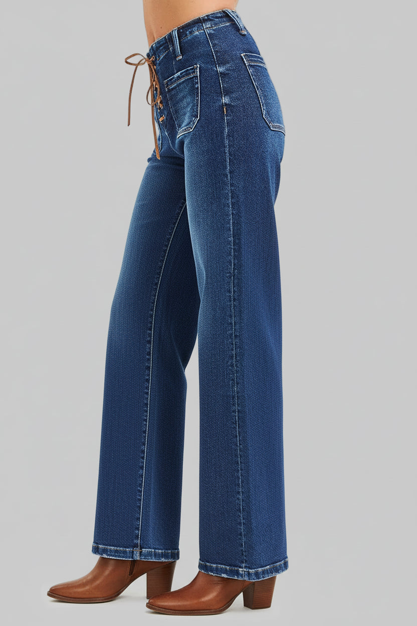 Penelope Boho Western High Rise Front Tie Wide Leg Jeans