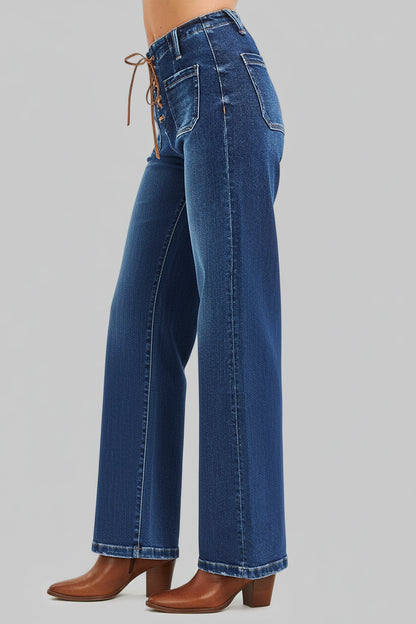 Penelope Boho Western High Rise Front Tie Wide Leg Jeans