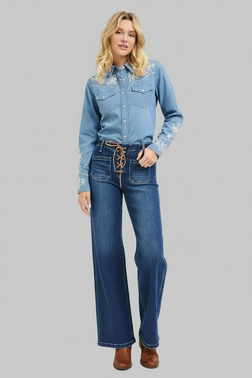 Penelope Boho Western High Rise Front Tie Wide Leg Jeans