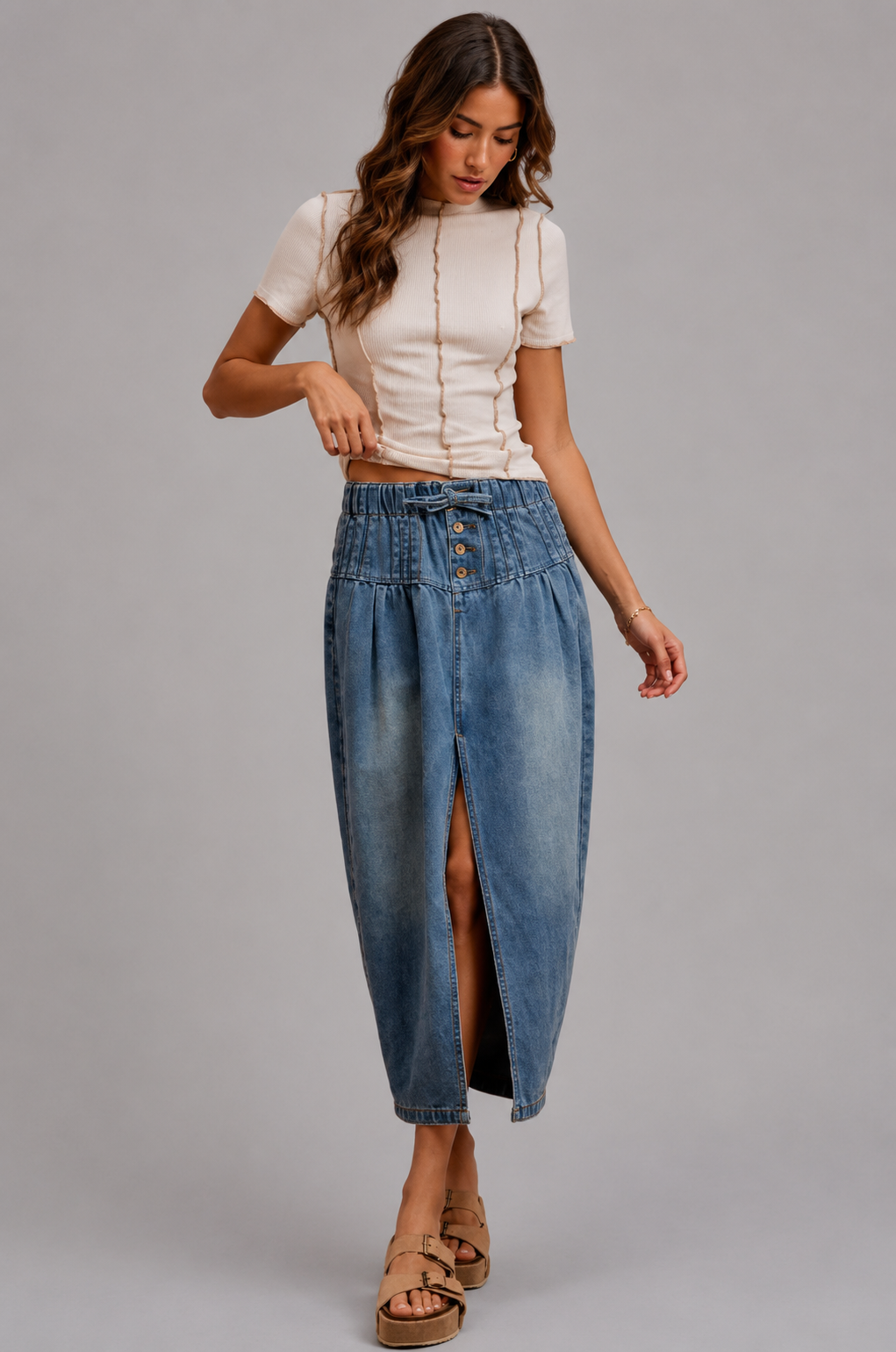 Penelope Pleated Front Slit Denim Skirt