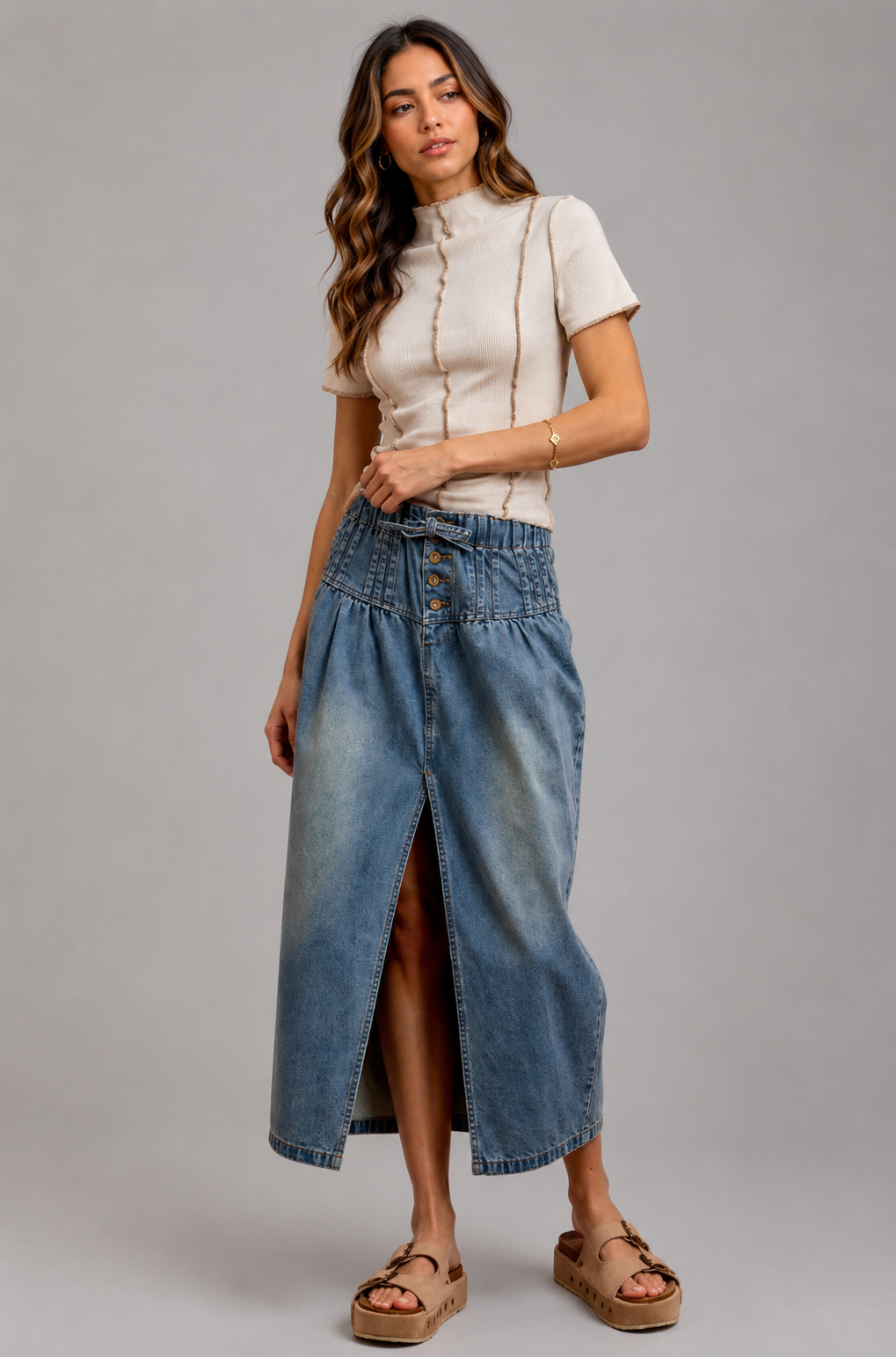 Penelope Pleated Front Slit Denim Skirt