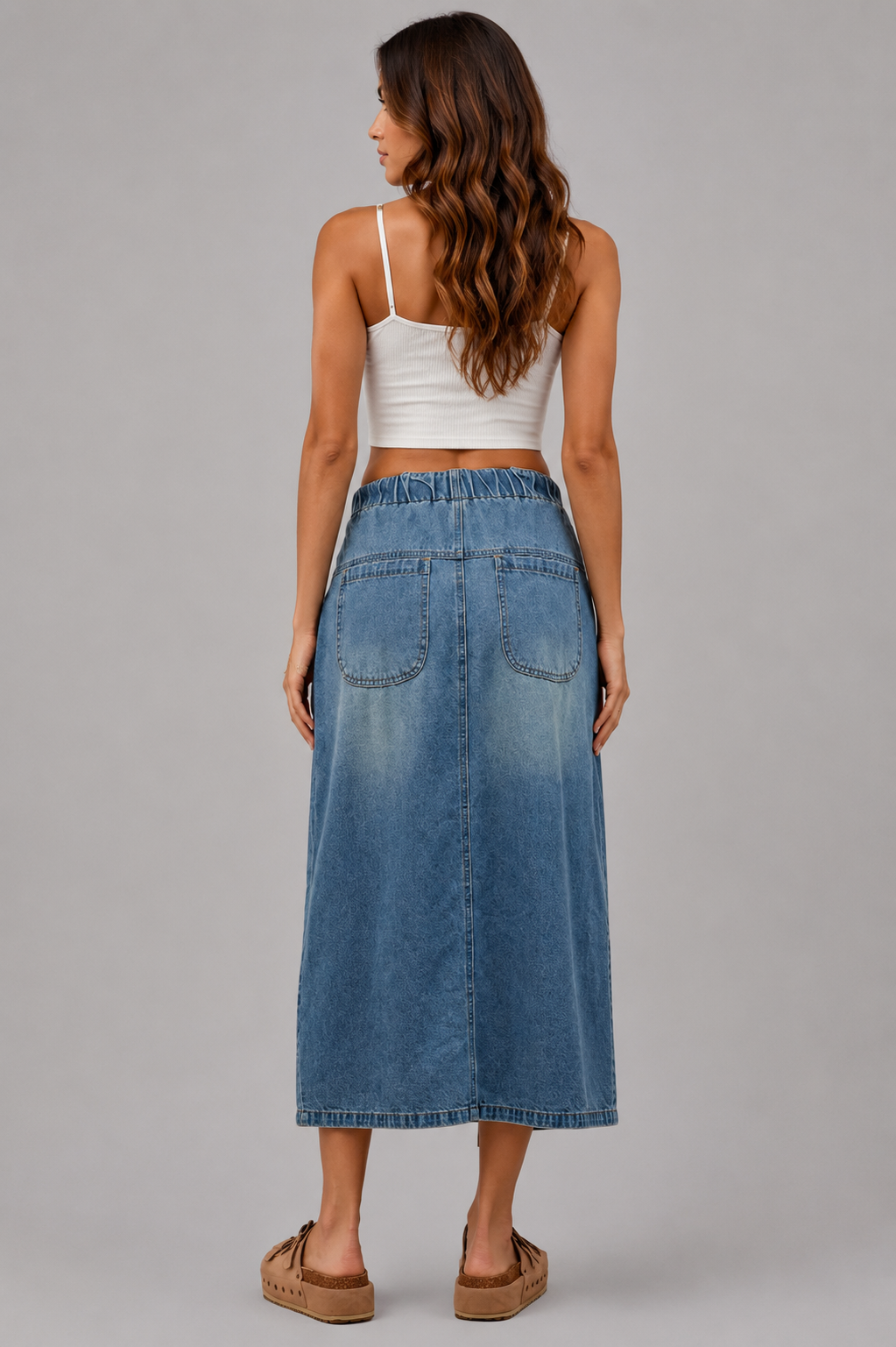 Penelope Pleated Front Slit Denim Skirt