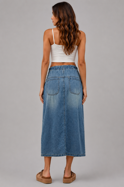 Penelope Pleated Front Slit Denim Skirt