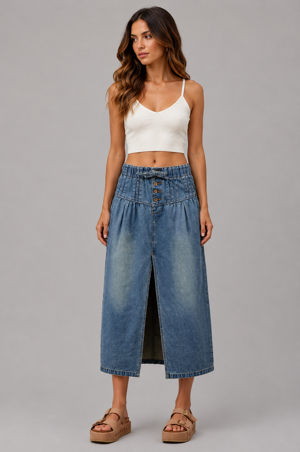 Penelope Pleated Front Slit Denim Skirt