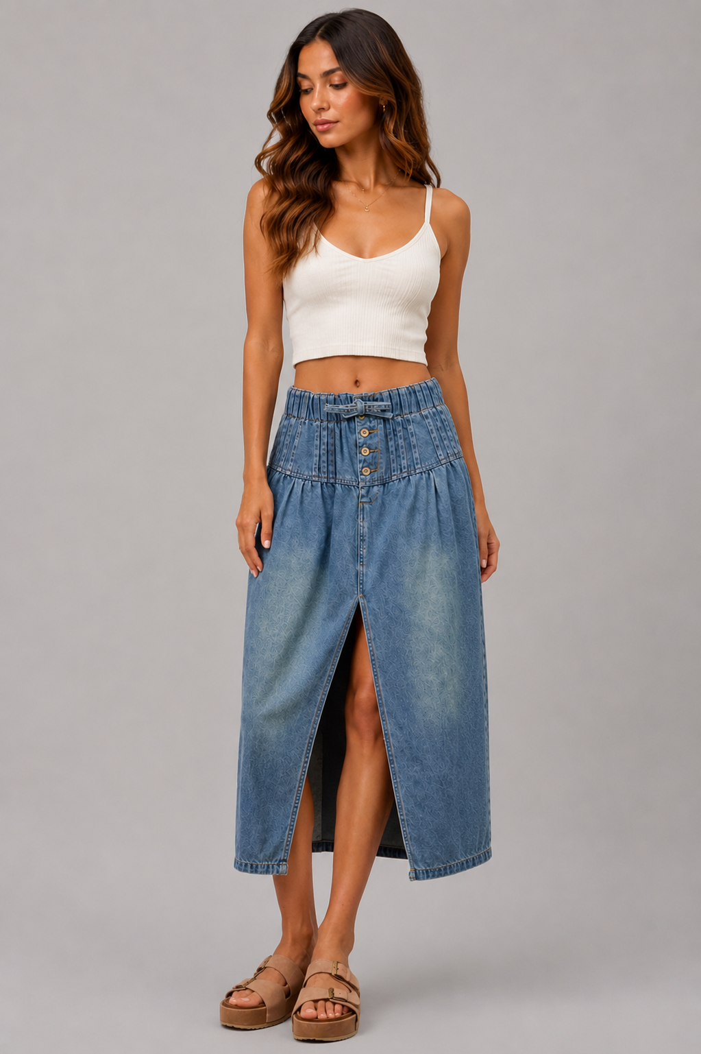 Penelope Pleated Front Slit Denim Skirt