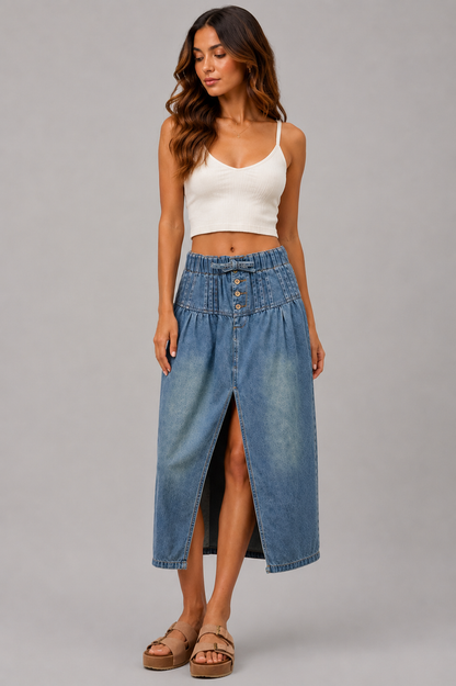 Penelope Pleated Front Slit Denim Skirt