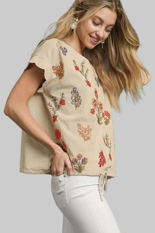 Piper Embroidered Boho Scallop Sleeve Top