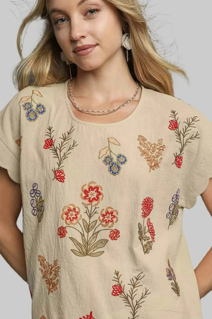 Piper Embroidered Boho Scallop Sleeve Top