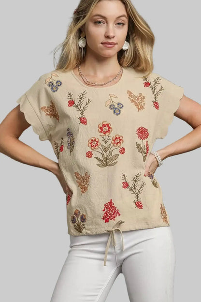 Piper Embroidered Boho Scallop Sleeve Top