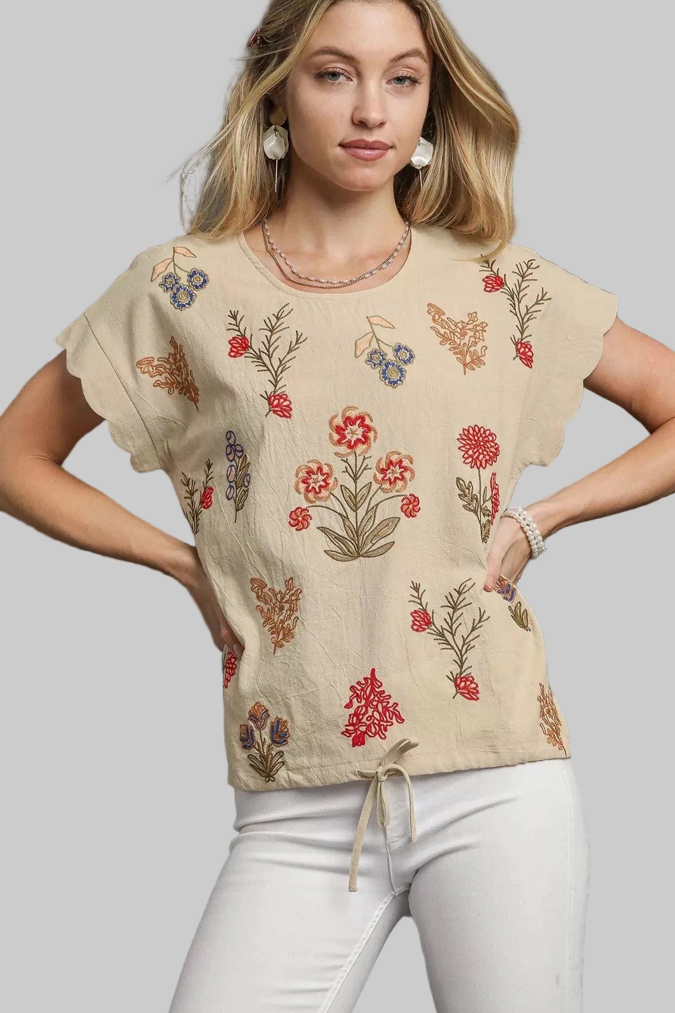 Piper Embroidered Boho Scallop Sleeve Top