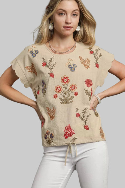 Piper Embroidered Boho Scallop Sleeve Top