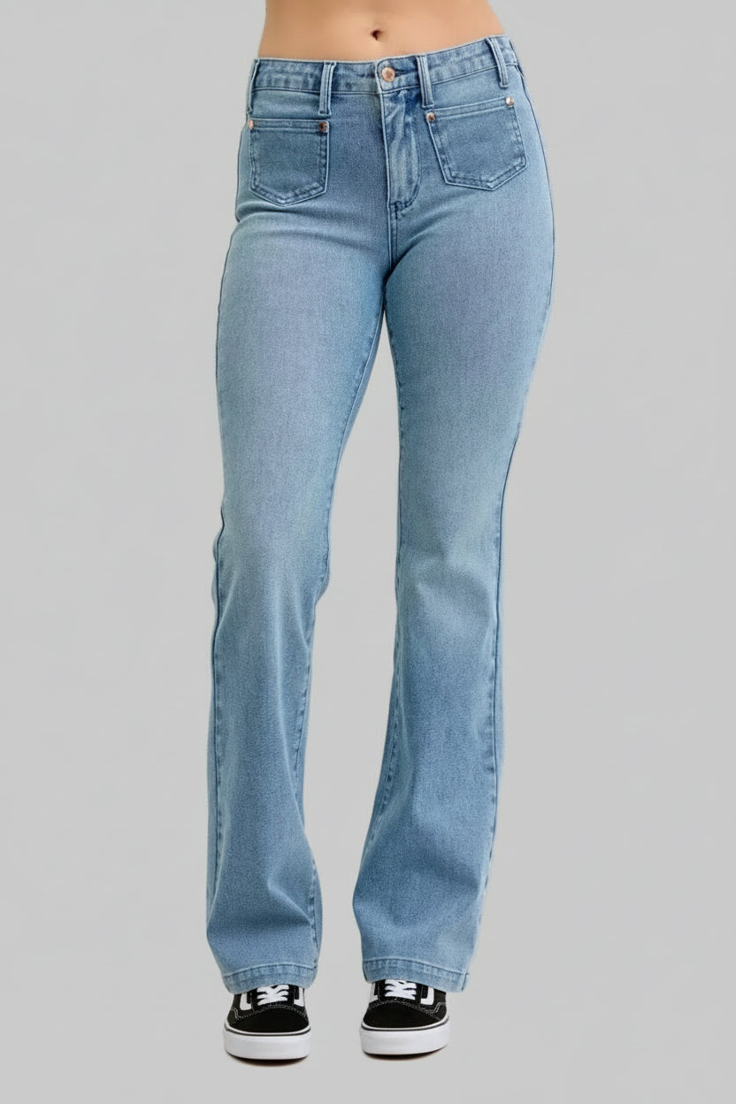 Raelynn Mid Rise Bootcut Jeans with Front Patch Pockets