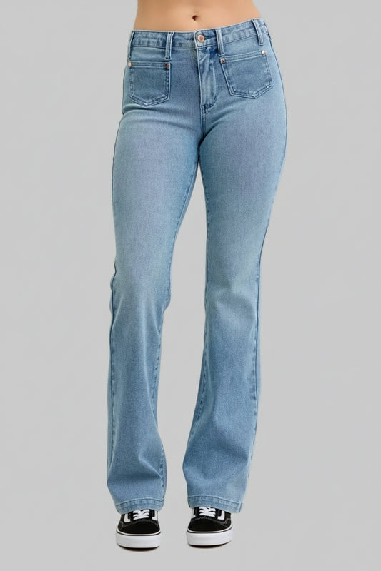 Raelynn Mid Rise Bootcut Jeans with Front Patch Pockets