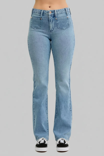 Raelynn Mid Rise Bootcut Jeans with Front Patch Pockets