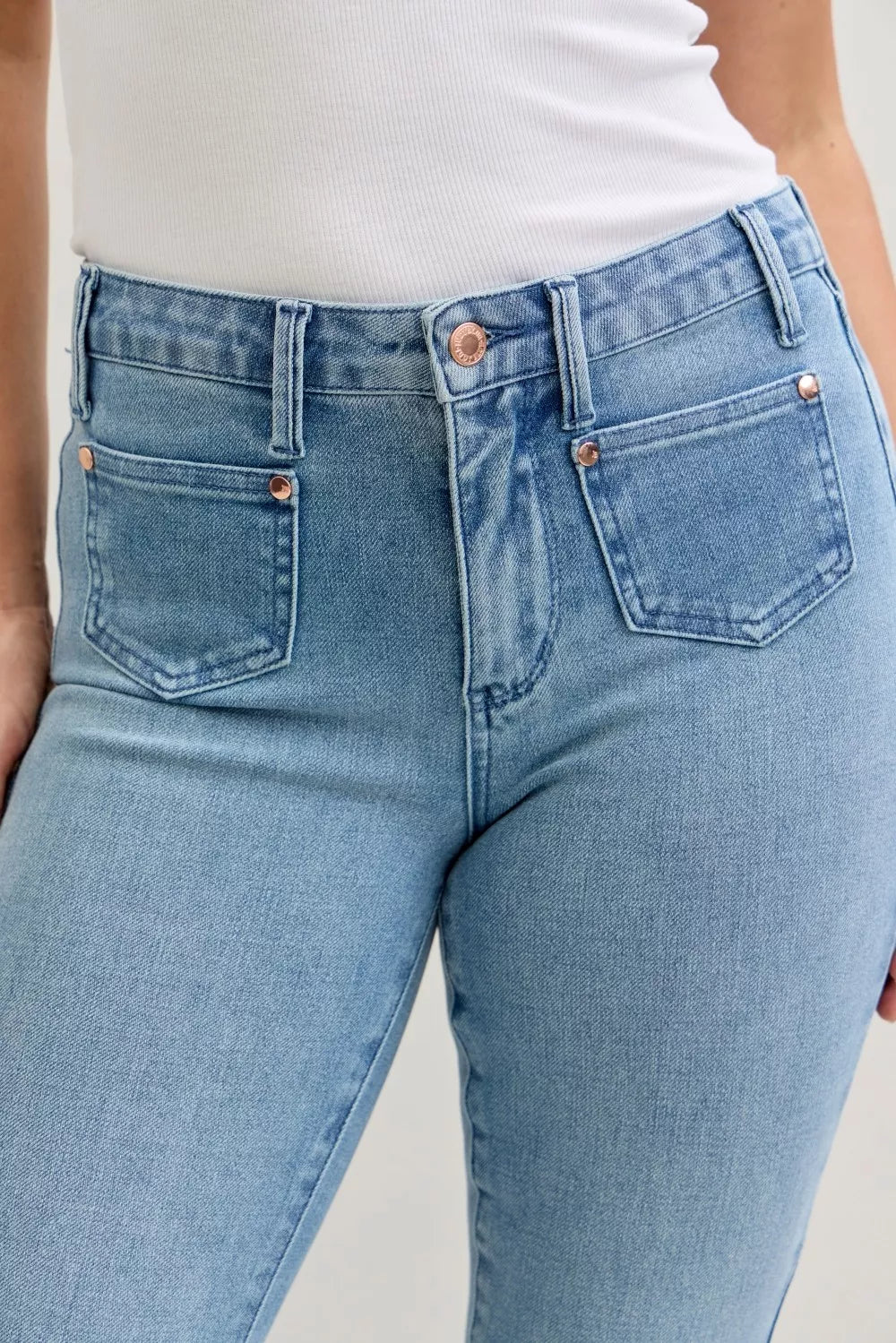 Raelynn Mid Rise Bootcut Jeans with Front Patch Pockets