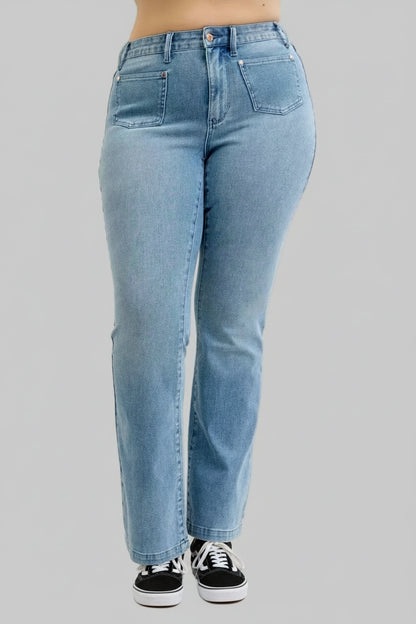 Raelynn Mid Rise Bootcut Jeans with Front Patch Pockets