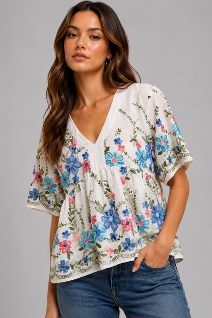 Reagan Embroidered Floral Boho Top - Blue