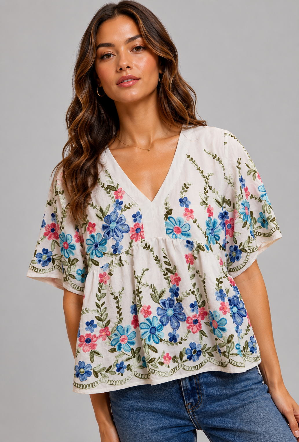 Reagan Embroidered Floral Boho Top - Blue