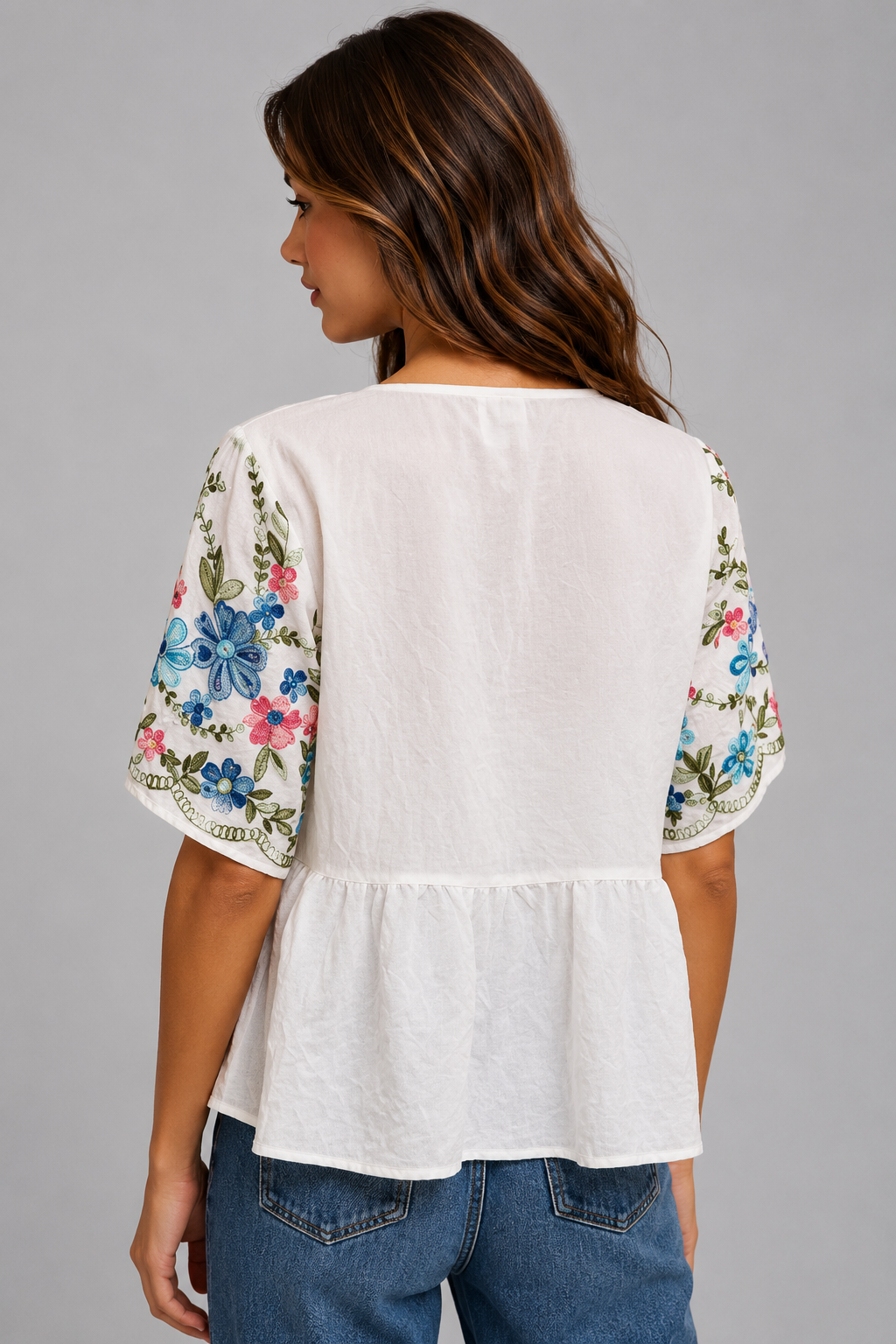 Reagan Embroidered Floral Boho Top - Blue