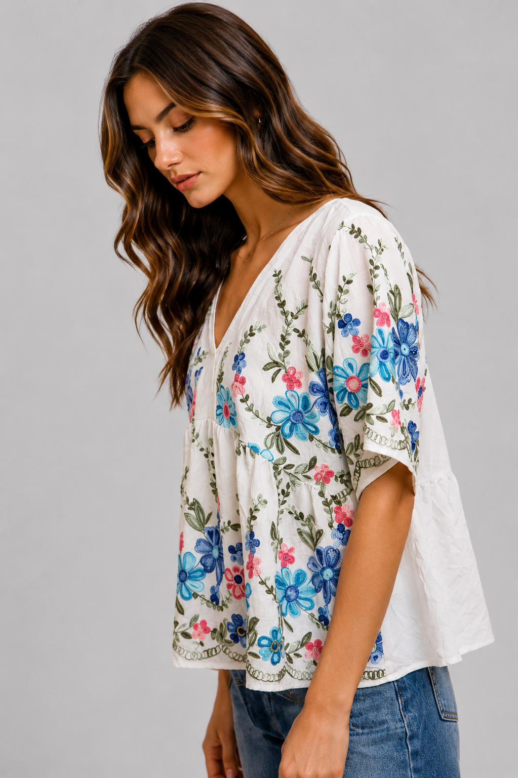 Reagan Embroidered Floral Boho Top - Blue