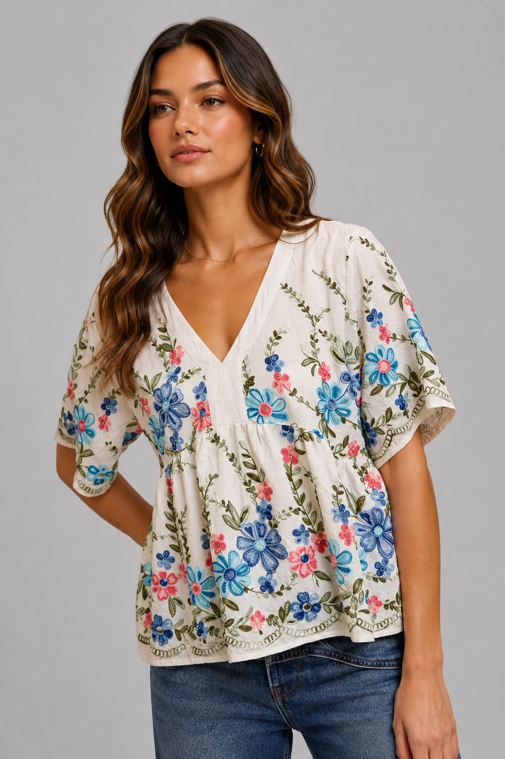 Reagan Embroidered Floral Boho Top - Blue