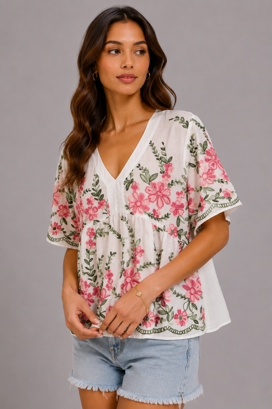 Reagan Embroidered Floral Boho Top