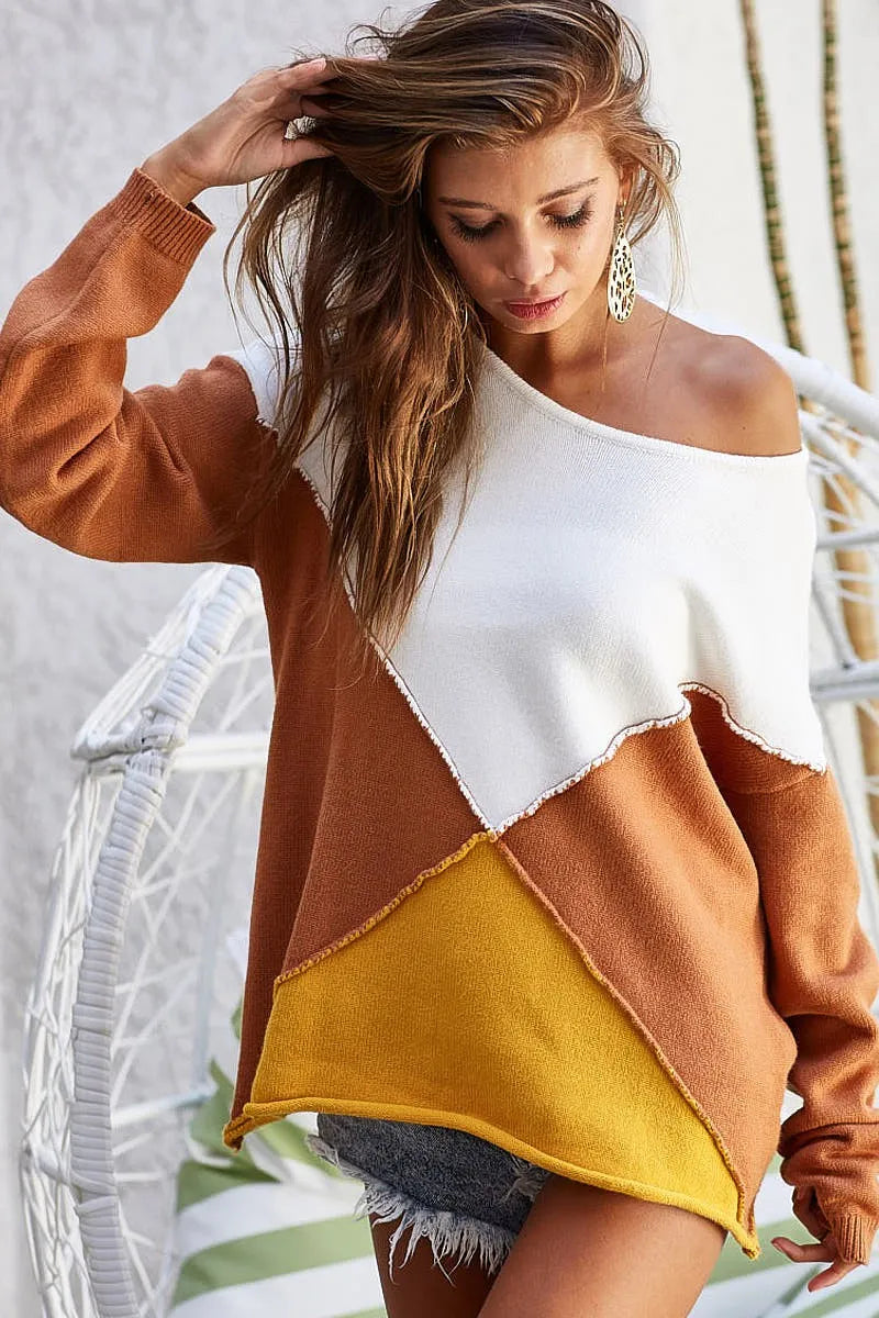 Rebecca Boho Color Block Geometric Sweater