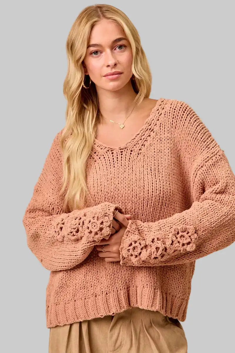 Riley Boho Chunky Knit Flower Sleeve Sweater