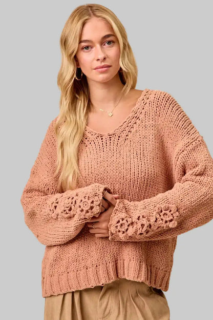 Riley Boho Chunky Knit Flower Sleeve Sweater