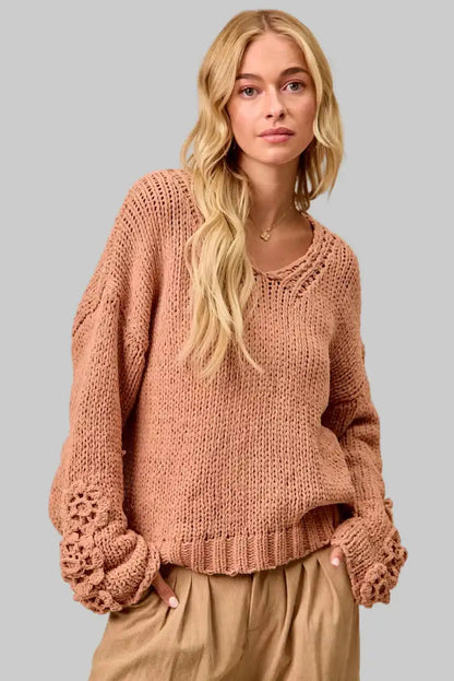 Riley Boho Chunky Knit Flower Sleeve Sweater