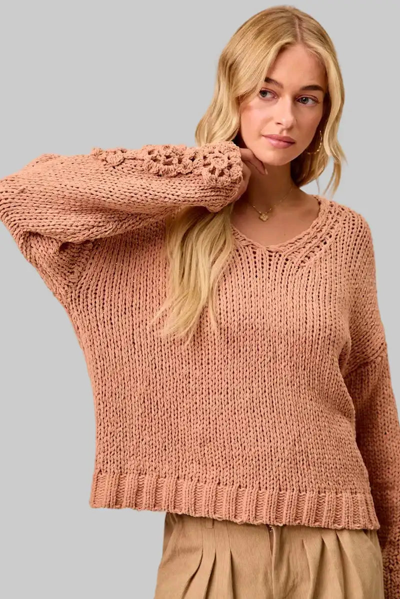 Riley Boho Chunky Knit Flower Sleeve Sweater