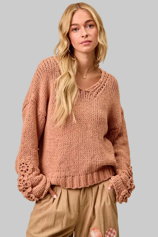 Riley Boho Chunky Knit Flower Sleeve Sweater