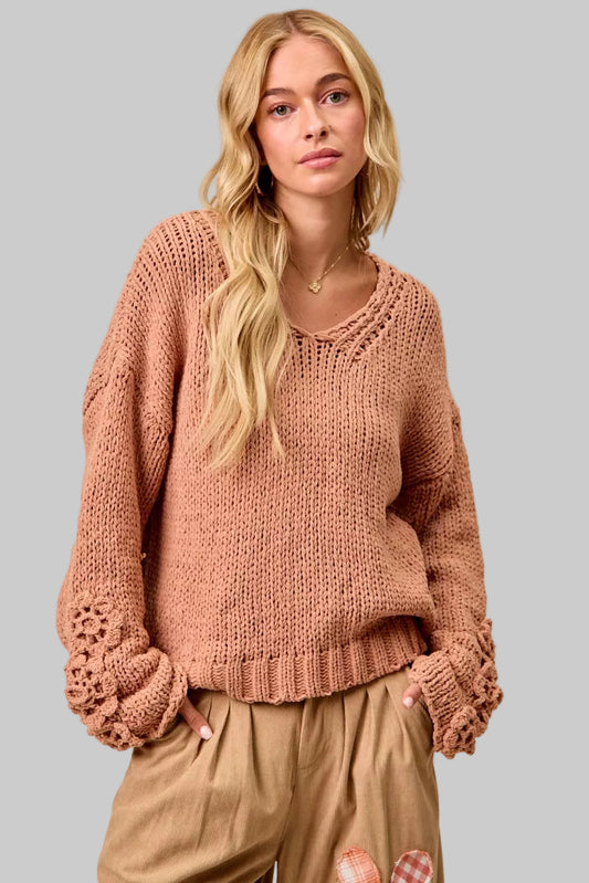 Riley Boho Chunky Knit Flower Sleeve Sweater