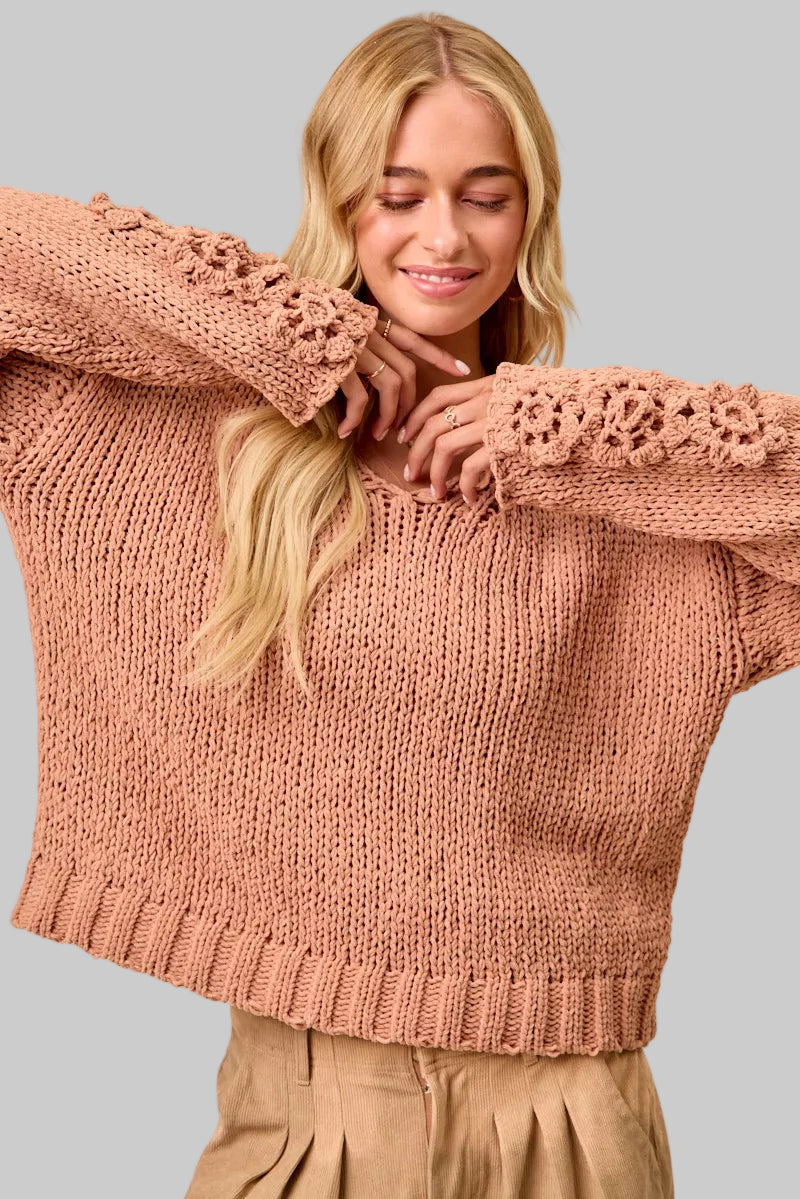 Riley Boho Chunky Knit Flower Sleeve Sweater