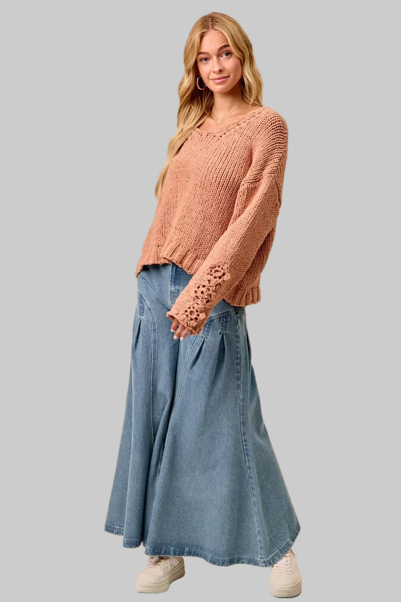 Riley Boho Chunky Knit Flower Sleeve Sweater