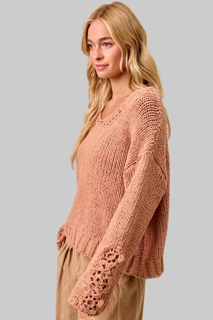 Riley Boho Chunky Knit Flower Sleeve Sweater