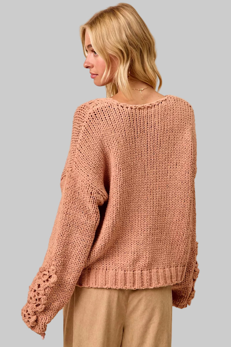Riley Boho Chunky Knit Flower Sleeve Sweater