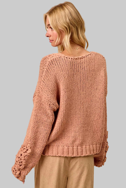 Riley Boho Chunky Knit Flower Sleeve Sweater