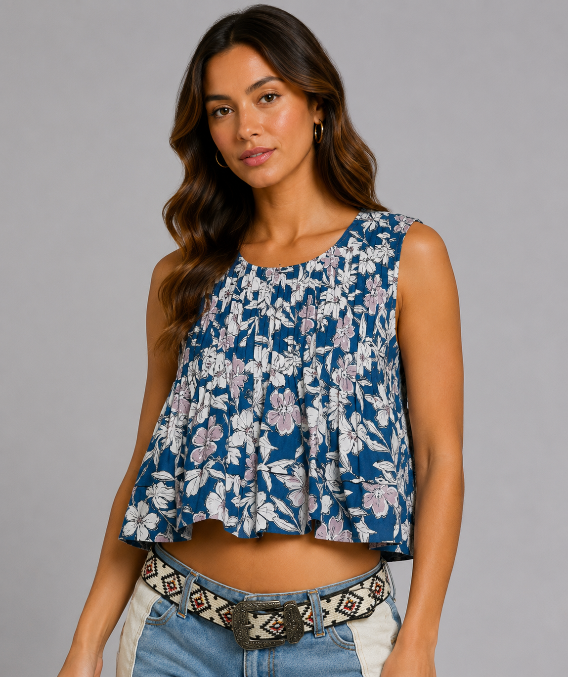 River Floral Cropped Pintuck Tank Top