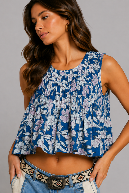 River Floral Cropped Pintuck Tank Top